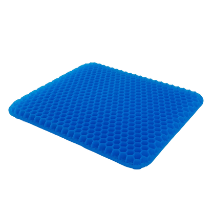 Almofada de assento ergonômica em gel de silicone com estrutura em favo de mel, projetada para absorção de impacto, distribuição de peso e alívio de pressão no cóccix, item de alta performance da linha confort gel para suporte lombar, cervical e alívio do estresse muscular.