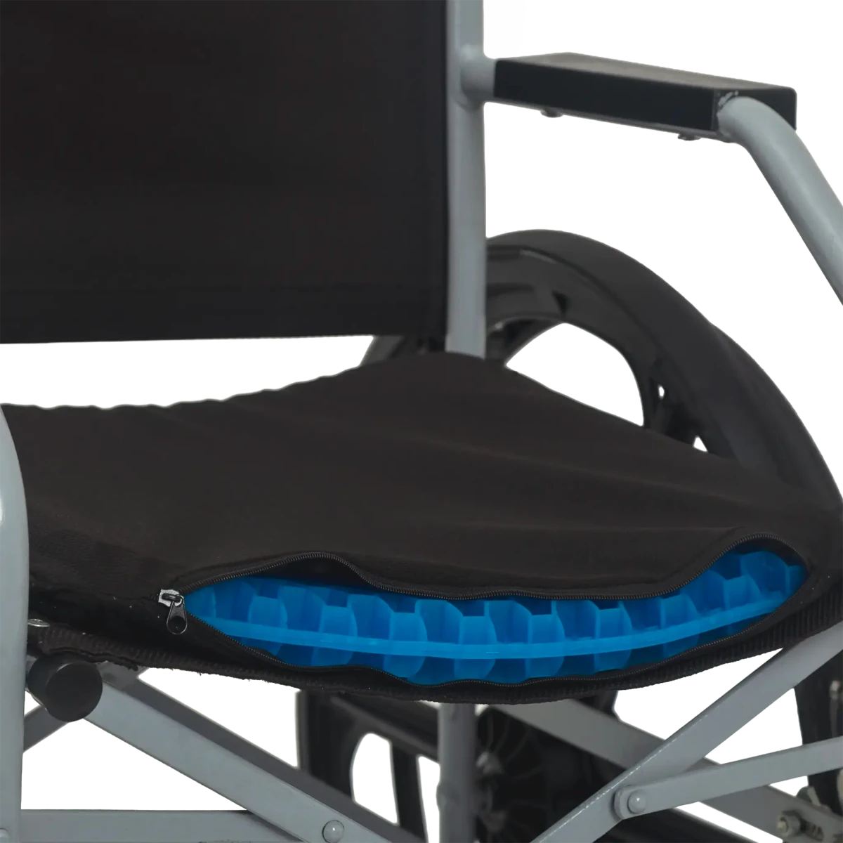 Almofada de assento ergonômica em gel de silicone com estrutura em favo de mel, projetada para absorção de impacto, distribuição de peso e alívio de pressão no cóccix, combina camada de gel térmico com estrutura de memória macia e capa respirável e lavável para uso diário.