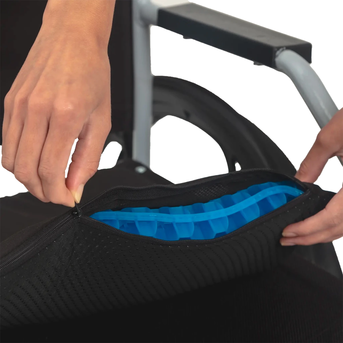 Almofada de assento ergonômica em gel de silicone com estrutura em favo de mel, projetada para absorção de impacto, distribuição de peso e alívio de pressão no cóccix, item de alta performance da linha confort gel para suporte lombar, cervical e alívio do estresse muscular.
