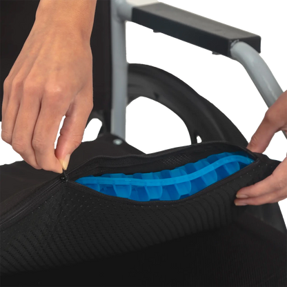 Almofada de assento ergonômica em gel de silicone com estrutura em favo de mel, projetada para absorção de impacto, distribuição de peso e alívio de pressão no cóccix, item de alta performance da linha confort gel para suporte lombar, cervical e alívio do estresse muscular.