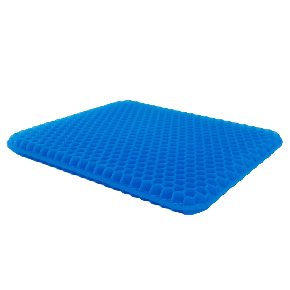 Almofada de assento ergonômica em gel de silicone com estrutura em favo de mel, projetada para absorção de impacto, distribuição de peso e alívio de pressão no cóccix, uma solução ergonômica indispensável para prevenção de dores na coluna, melhora da circulação e relaxamento.