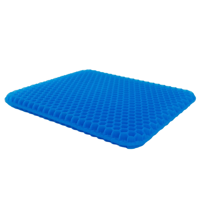 Almofada de assento ergonômica em gel de silicone com estrutura em favo de mel, projetada para absorção de impacto, distribuição de peso e alívio de pressão no cóccix, uma solução ergonômica indispensável para prevenção de dores na coluna, melhora da circulação e relaxamento.