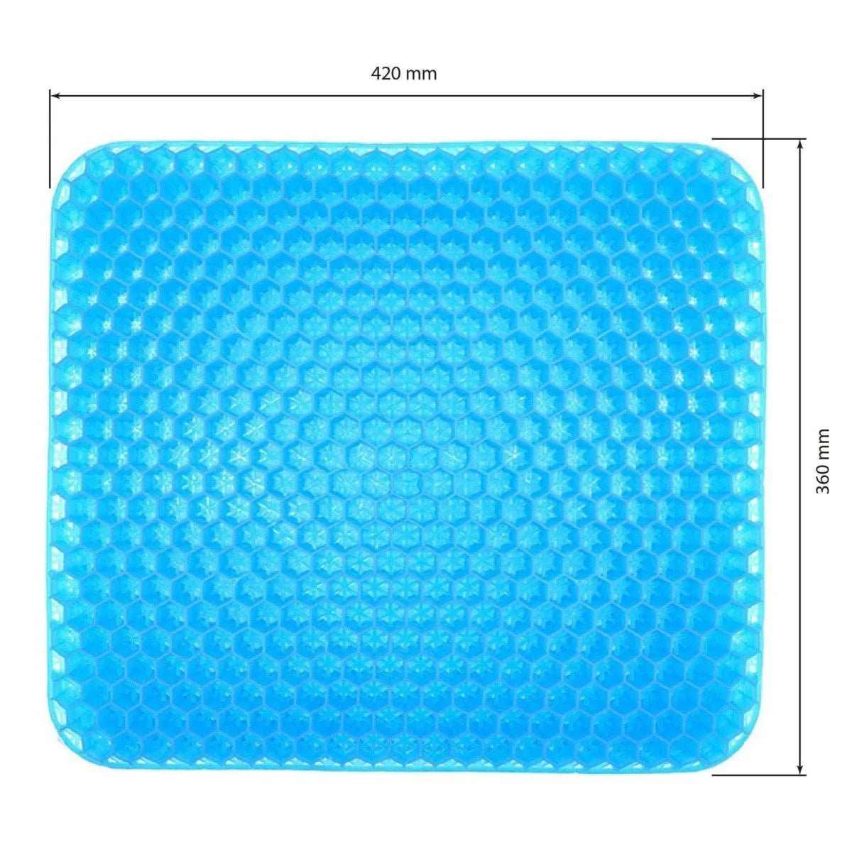 Almofada de assento ergonômica em gel de silicone com estrutura em favo de mel, projetada para absorção de impacto, distribuição de peso e alívio de pressão no cóccix, combina camada de gel térmico com estrutura de memória macia e capa respirável e lavável para uso diário.