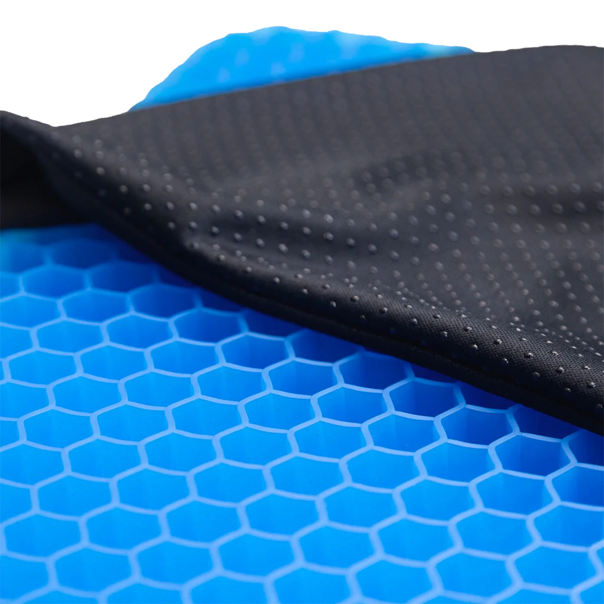 Almofada de assento ergonômica em gel de silicone com estrutura em favo de mel, projetada para absorção de impacto, distribuição de peso e alívio de pressão no cóccix, dispositivo de conforto ergonômico que proporciona dissipação de calor, suporte firme e extrema maciez.