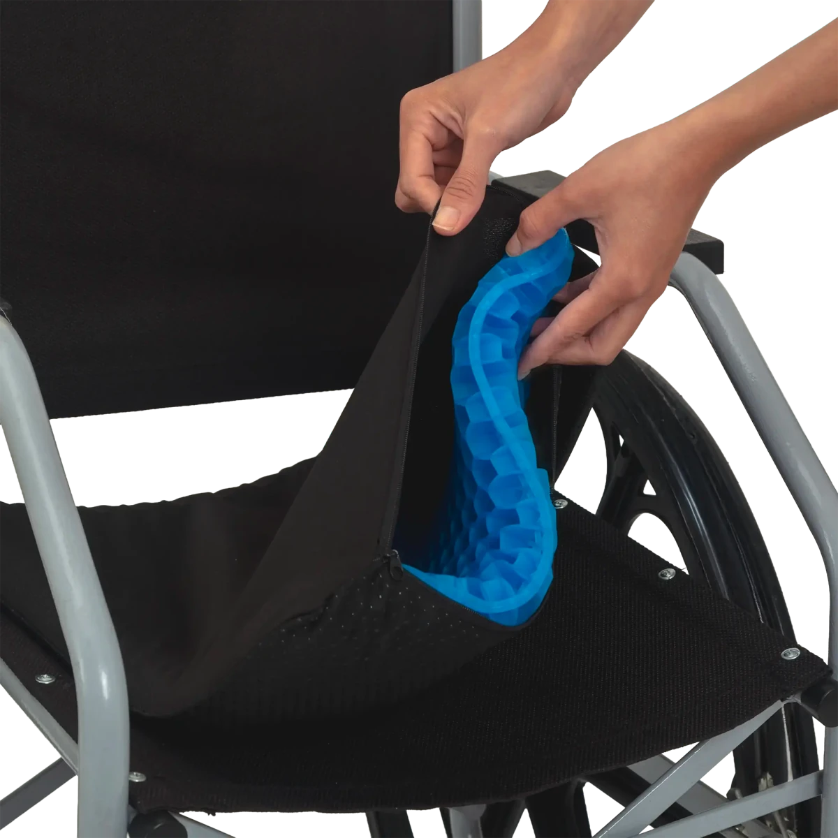 Almofada de assento ergonômica em gel de silicone com estrutura em favo de mel, projetada para absorção de impacto, distribuição de peso e alívio de pressão no cóccix, combina camada de gel térmico com estrutura de memória macia e capa respirável e lavável para uso diário.