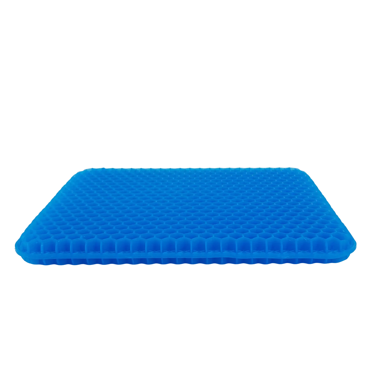 Almofada de assento ergonômica em gel de silicone com estrutura em favo de mel, projetada para absorção de impacto, distribuição de peso e alívio de pressão no cóccix, desenvolvido com tecnologia de gel refrescante e espuma viscoelástica para adaptação perfeita aos contornos do corpo.