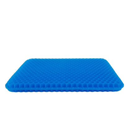 Almofada de assento ergonômica em gel de silicone com estrutura em favo de mel, projetada para absorção de impacto, distribuição de peso e alívio de pressão no cóccix, desenvolvido com tecnologia de gel refrescante e espuma viscoelástica para adaptação perfeita aos contornos do corpo.
