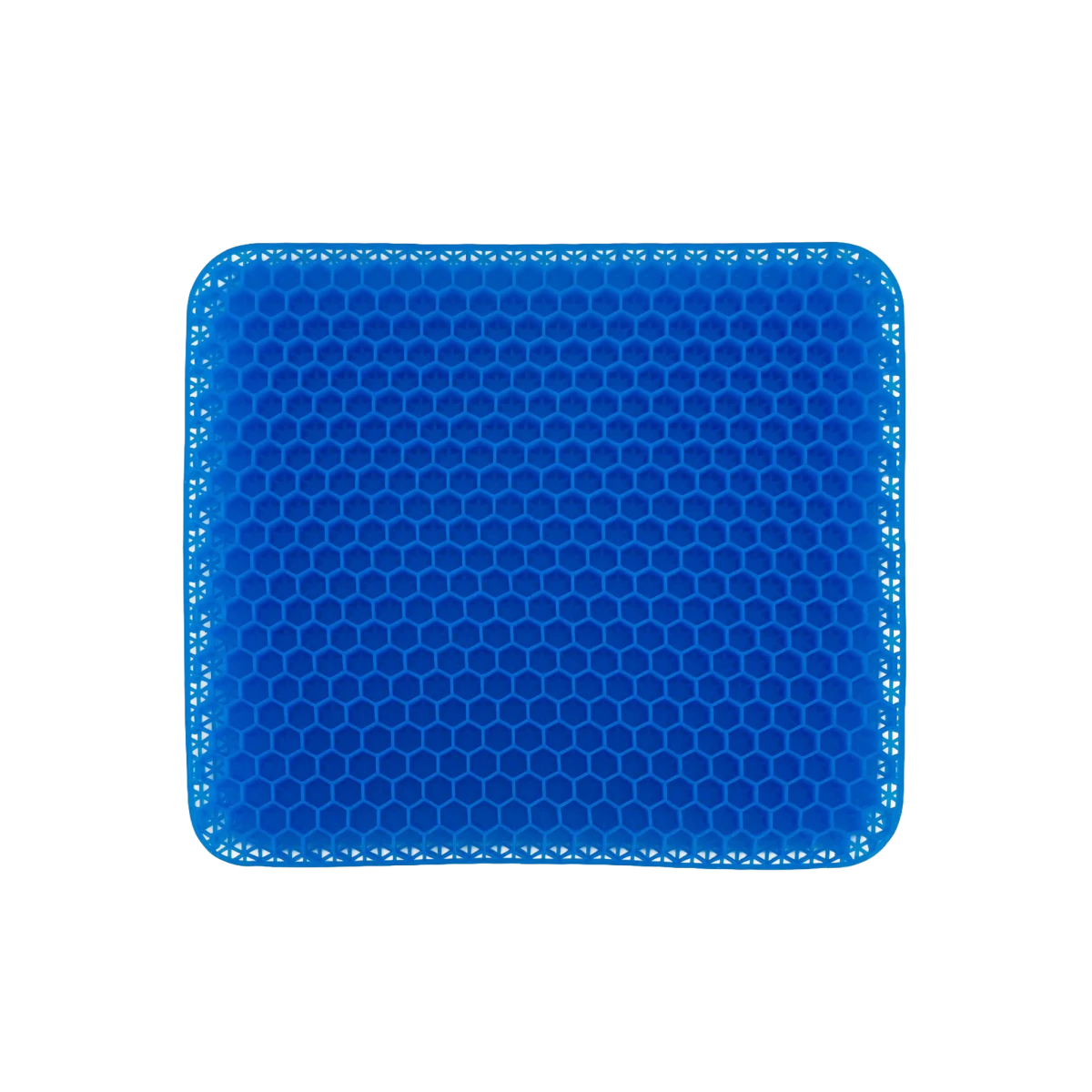 Almofada de assento ergonômica em gel de silicone com estrutura em favo de mel, projetada para absorção de impacto, distribuição de peso e alívio de pressão no cóccix, uma solução ergonômica indispensável para prevenção de dores na coluna, melhora da circulação e relaxamento.