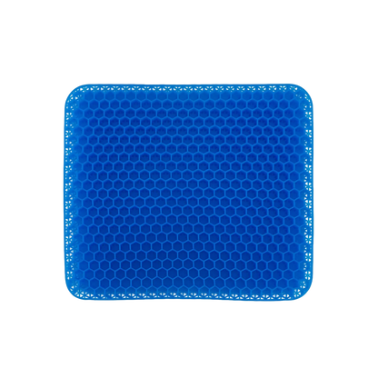 Almofada de assento ergonômica em gel de silicone com estrutura em favo de mel, projetada para absorção de impacto, distribuição de peso e alívio de pressão no cóccix, uma solução ergonômica indispensável para prevenção de dores na coluna, melhora da circulação e relaxamento.