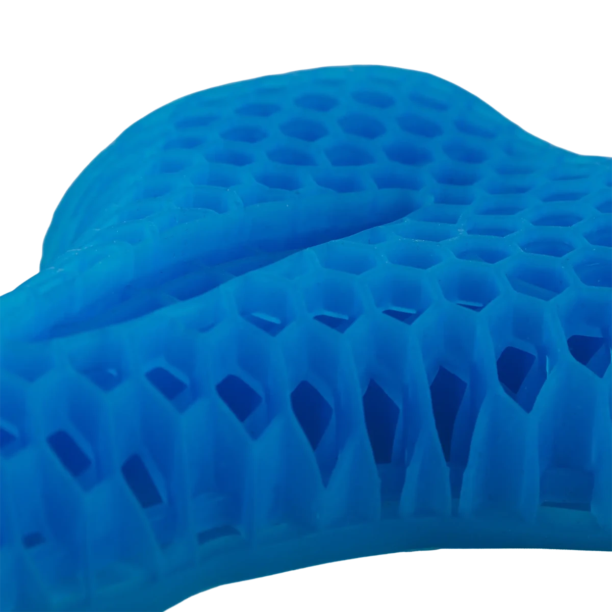 Almofada de assento ergonômica em gel de silicone com estrutura em favo de mel, projetada para absorção de impacto, distribuição de peso e alívio de pressão no cóccix, ideal para alívio de pressão, conforto térmico e alinhamento postural durante longos períodos sentado ou em repouso.