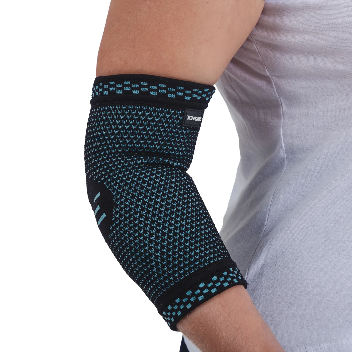 Cotoveleira elástica ortopédica de compressão, estruturada em malha compressiva respirável para alívio de tendinite e firmeza no cotovelo, uma solução ortopédica indispensável para recuperação de torções, alívio de dores e suporte anatômico.
