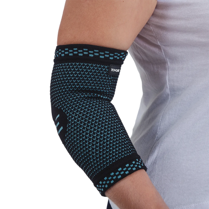 Cotoveleira elástica ortopédica de compressão, estruturada em malha compressiva respirável para alívio de tendinite e firmeza no cotovelo, uma solução ortopédica indispensável para recuperação de torções, alívio de dores e suporte anatômico.