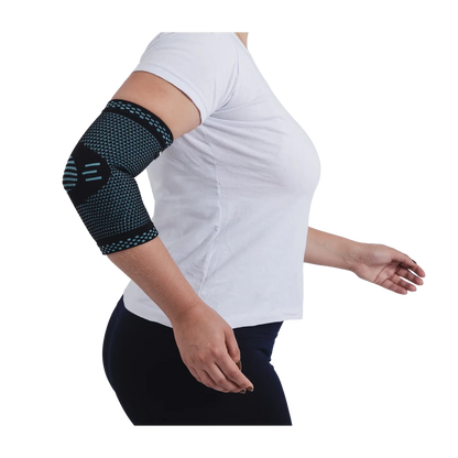Cotoveleira elástica ortopédica de compressão, estruturada em malha compressiva respirável para alívio de tendinite e firmeza no cotovelo, desenvolvido com malha elástica respirável de alta compressão e adaptação confortável ao corpo.