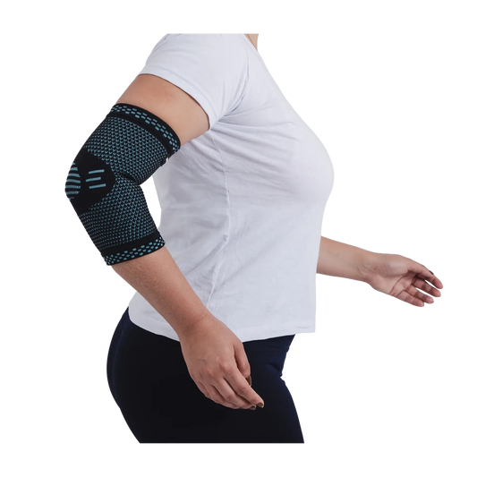 Cotoveleira elástica ortopédica de compressão, estruturada em malha compressiva respirável para alívio de tendinite e firmeza no cotovelo, desenvolvido com malha elástica respirável de alta compressão e adaptação confortável ao corpo.