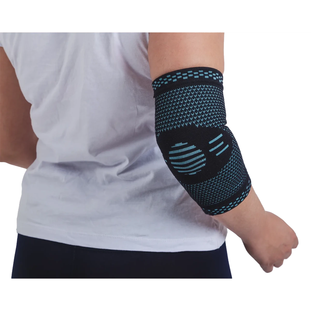 Cotoveleira elástica ortopédica de compressão, estruturada em malha compressiva respirável para alívio de tendinite e firmeza no cotovelo, ideal para compressão ajustável, estabilização articular e prevenção de lesões durante atividades físicas.