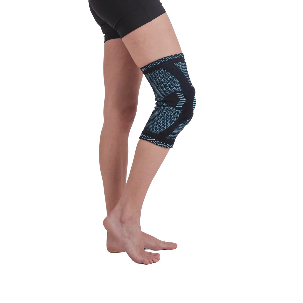 Joelheira elástica ortopédica com anel de silicone e hastes flexíveis, confeccionada em malha de compressão 3D respirável com anel patelar de silicone para absorção de impacto, ideal para compressão ajustável, estabilização articular e prevenção de lesões durante atividades físicas.
