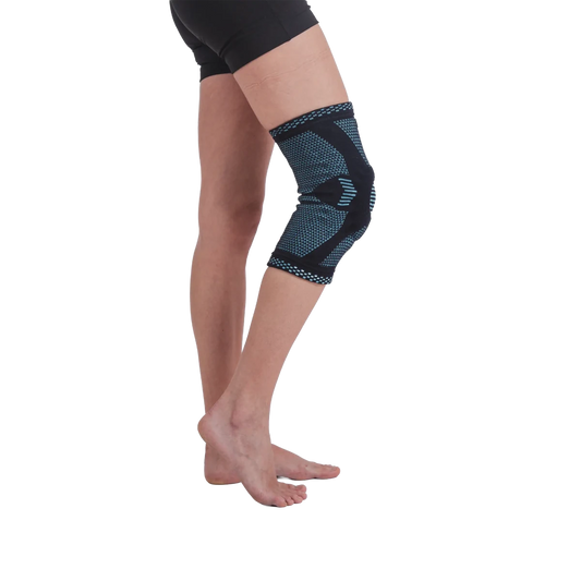 Joelheira elástica ortopédica com anel de silicone e hastes flexíveis, confeccionada em malha de compressão 3D respirável com anel patelar de silicone para absorção de impacto, ideal para compressão ajustável, estabilização articular e prevenção de lesões durante atividades físicas.