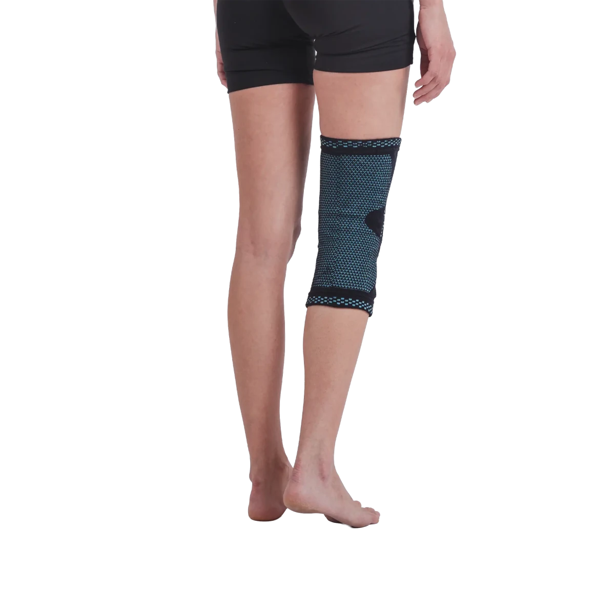 Joelheira elástica ortopédica com anel de silicone e hastes flexíveis, confeccionada em malha de compressão 3D respirável com anel patelar de silicone para absorção de impacto, acessório ortopédico de alta performance da linha MOV para proteção, firmeza e segurança nos movimentos.