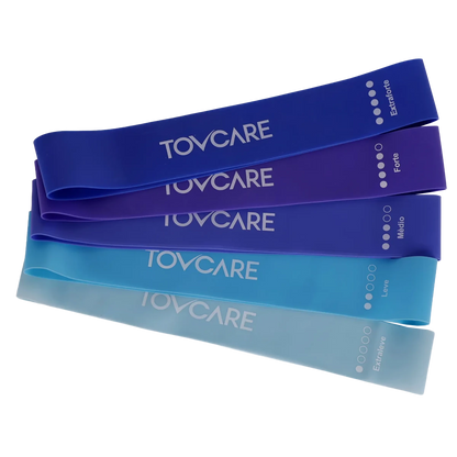 Kit de faixas de resistência elásticas em tecido e látex, desenvolvido com diferentes níveis de tensão e fita interna de silicone antiderrapante que evita deslizamentos, ideal para treinos funcionais, fortalecimento muscular, alongamento e rotinas de exercícios diários.