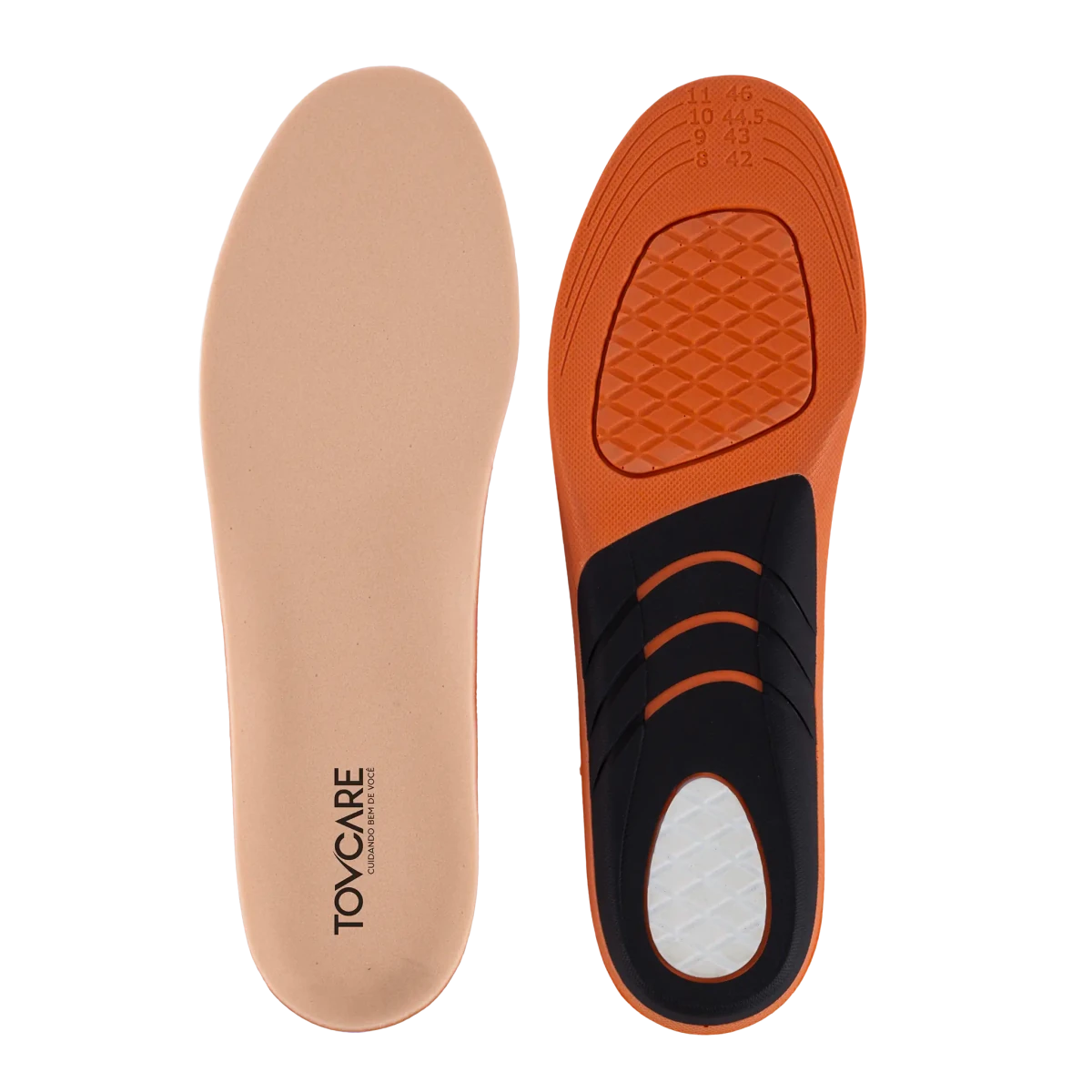 Palmilha ortopédica em silicone de alta absorção de impacto, desenvolvida em gel de silicone macio com ponto de alívio no calcanhar e metatarso, desenvolvida com material de alta densidade e formato anatômico para suporte e estabilidade dos pés.