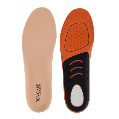 Palmilha ortopédica em silicone de alta absorção de impacto, desenvolvida em gel de silicone macio com ponto de alívio no calcanhar e metatarso, desenvolvida com material de alta densidade e formato anatômico para suporte e estabilidade dos pés.