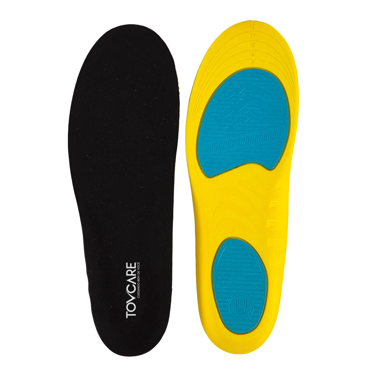 Palmilha esportiva anatômica para alta performance, confeccionada em estrutura respirável de alta densidade com suporte de arco para corrida e treinos, uma solução ergonômica indispensável para fascite plantar, esporão de calcâneo e conforto prolongado nos pés.