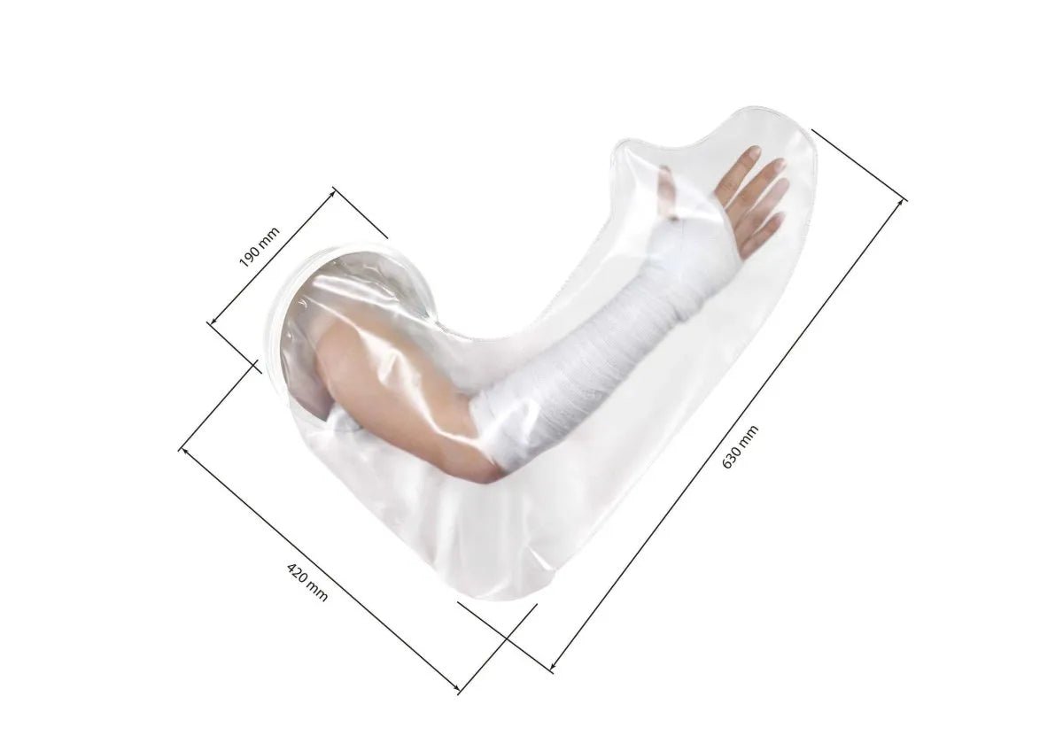 Protetor impermeável para braço e antebraço, estruturado em material vinílico resistente e refratário à água com vedação confortável, combina materiais impermeáveis, laváveis e atóxicos de alta durabilidade com fácil higienização diária.