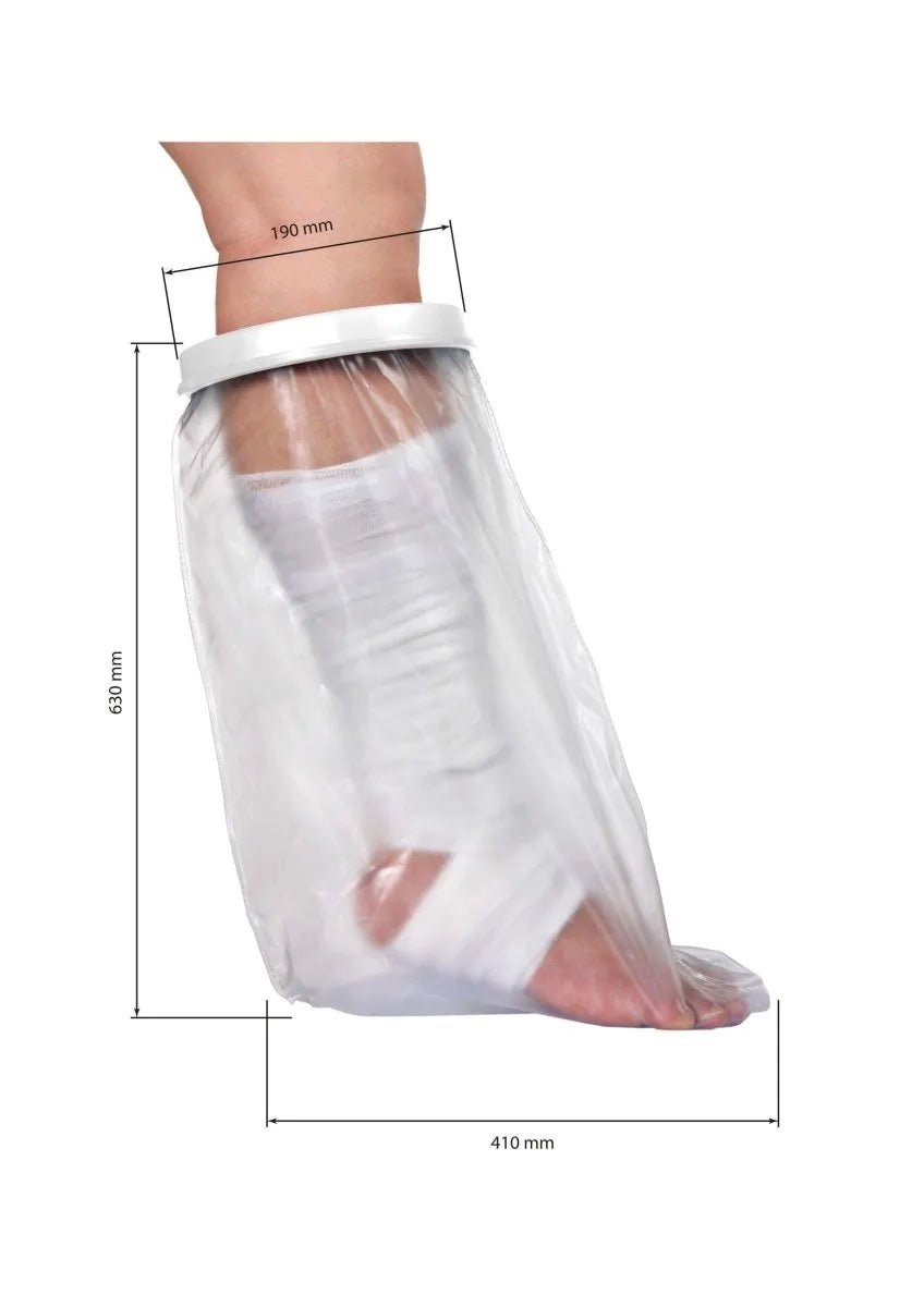 Protetor impermeável para perna inteira ou meio membro, desenvolvido com vedação hermética em silicone para manter curativos e gessos totalmente secos no banho, proporciona auxílio seguro na rotina de cuidados intensivos domiciliares com total eficiência e conforto.