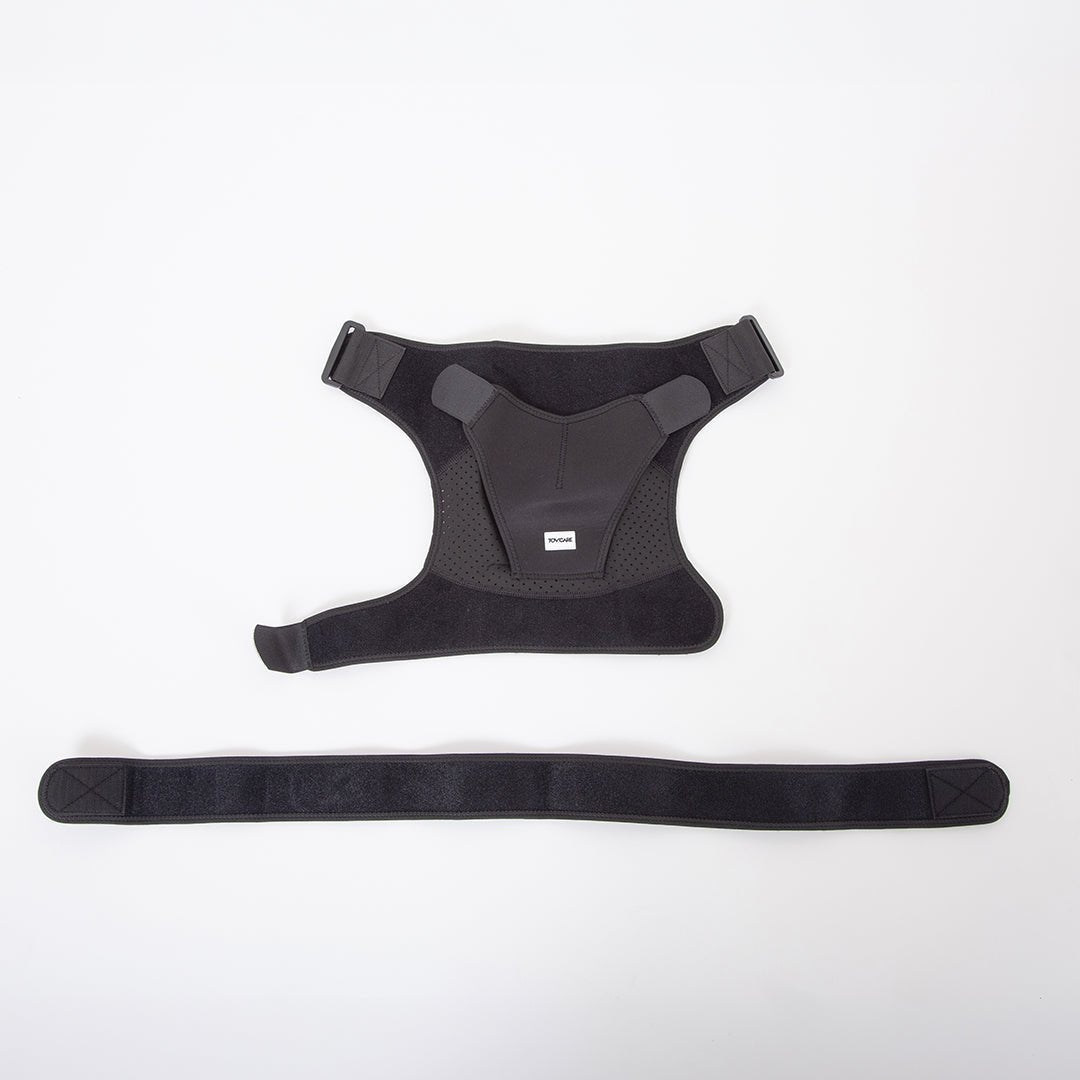 Suporte ortopédico articulado para ombro e manguito rotador, confeccionado em neoprene de alta retenção térmica e tiras de compressão reguláveis, combina materiais respiráveis de alta compressão com regulagem prática para o bem-estar diário.
